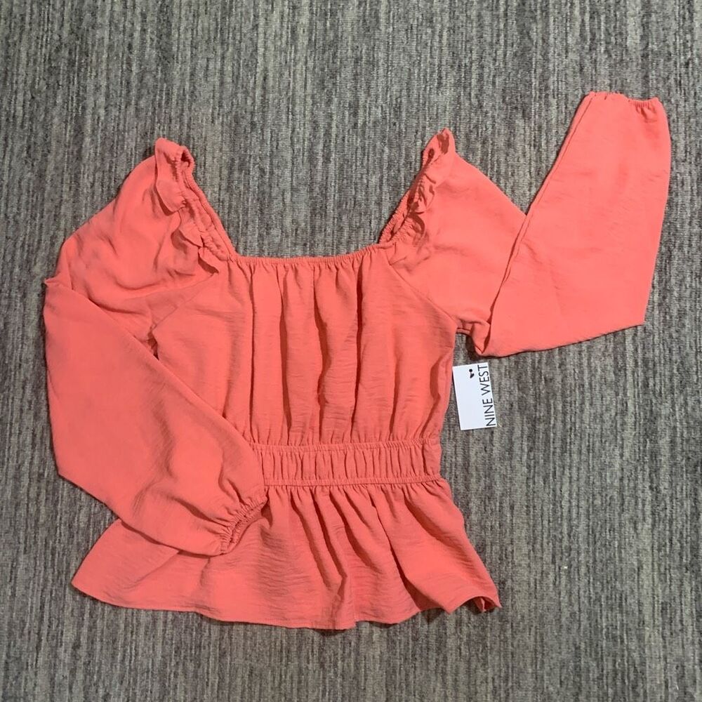 Brand New Nine West Women's Small Salmon Pink Peplum Square Neck Blouse‎ Top